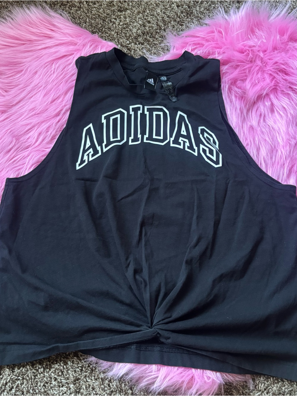 Adidas Black Cropped Muscle Tank Top Women’s Large Graphic Logo Athleisure